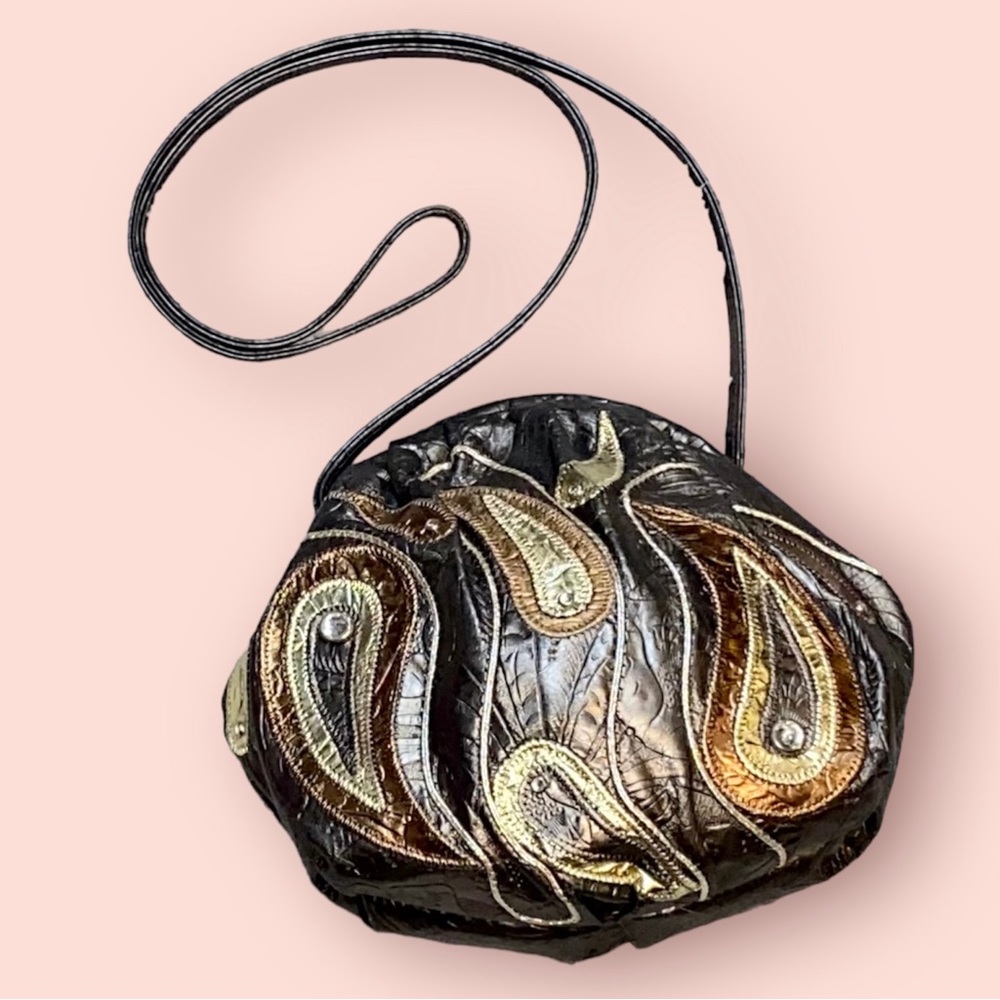 80s Vintage Metallic Rhinestone Embossed Paisley Leather Crossbody Purse Handbag